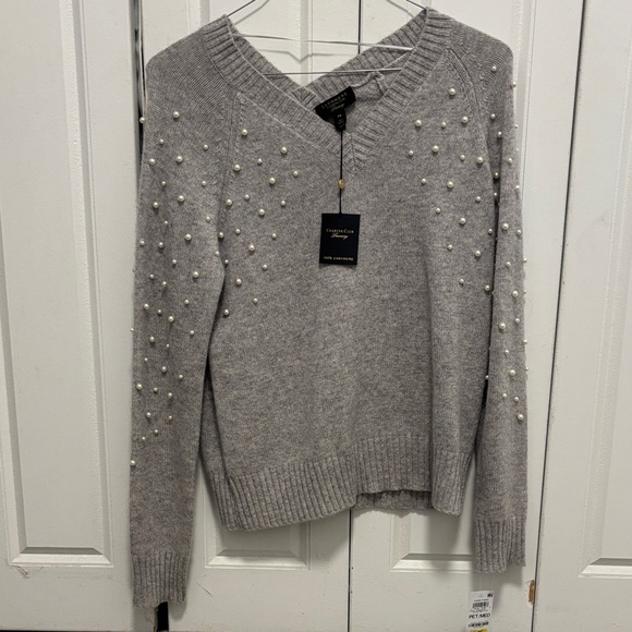 Charter Club Sweaters - NWT 100%Cashmere Charter Club Light Gray V-Neck Sweater with Pearl Details
